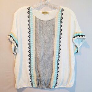 Democracy Women Top MED Blouse Cream Southwestern Boho Retro Embroidery Tassels